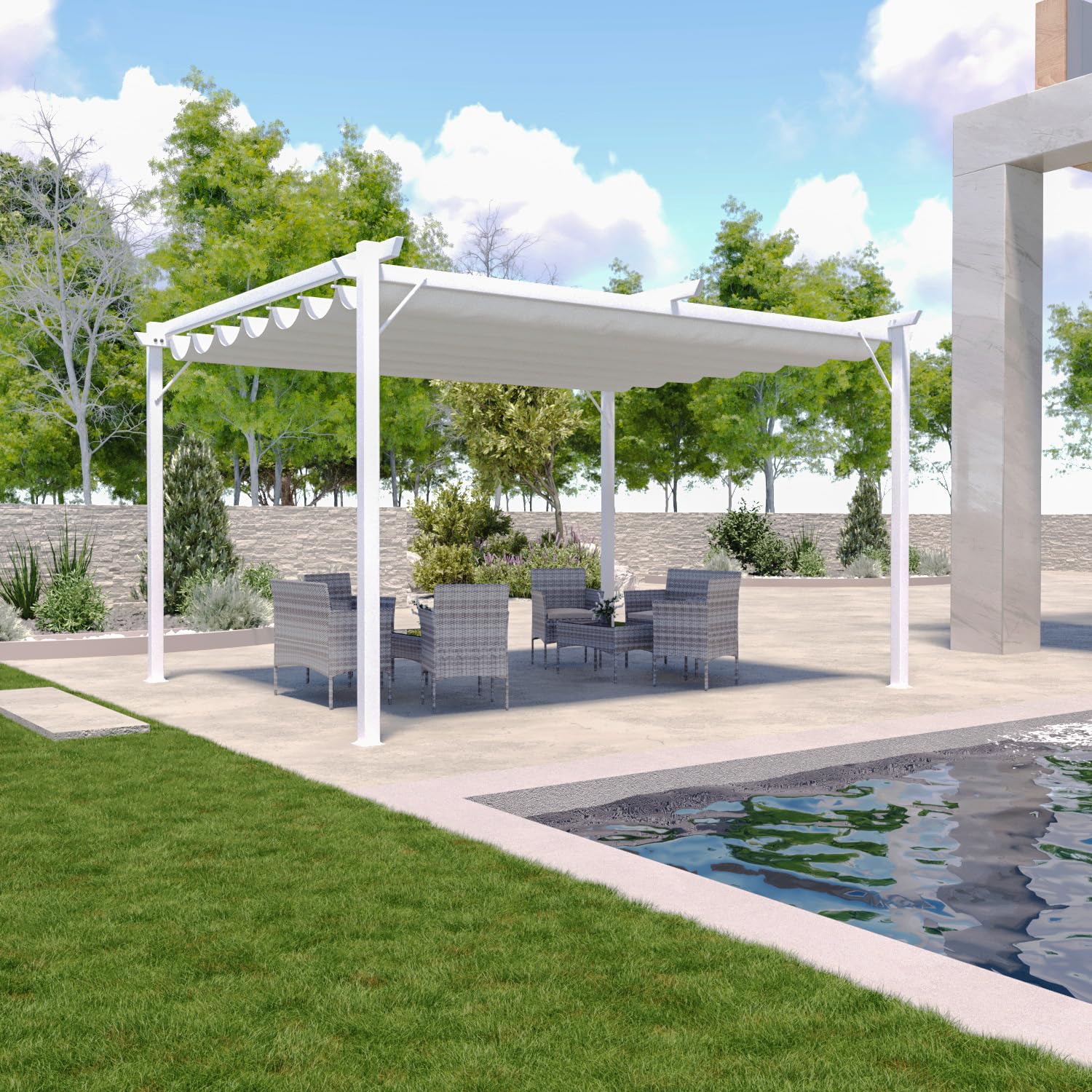 Gazebo Pergola 3 x 4 M con Telo Bianco Impermeabile Retrattile Richiudibile Struttura in Acciaio Bianco per Giardino Terrazzo Piscina Esterno Fiere Campeggio Design Elegante