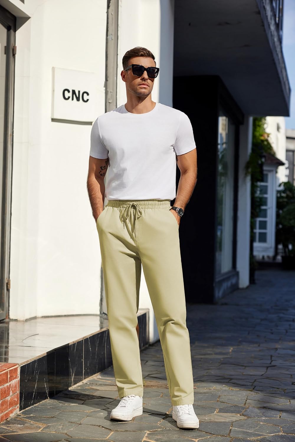 COOFANDY Men's Casual Cotton Pants Regular Fit Elastic Waist Drawstring Twill Pants Straight Leg Chino Pants - Image 2