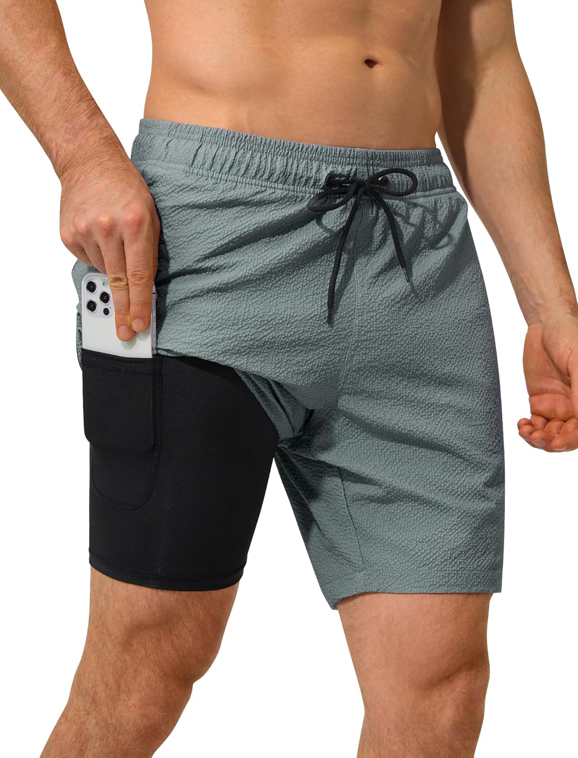 SILKWORLD Mens Swim Trunks with Compression Liner 2 in 1 Board Shorts Quick Dry Bathing Suit 7 inch Seesucker Beach Shorts