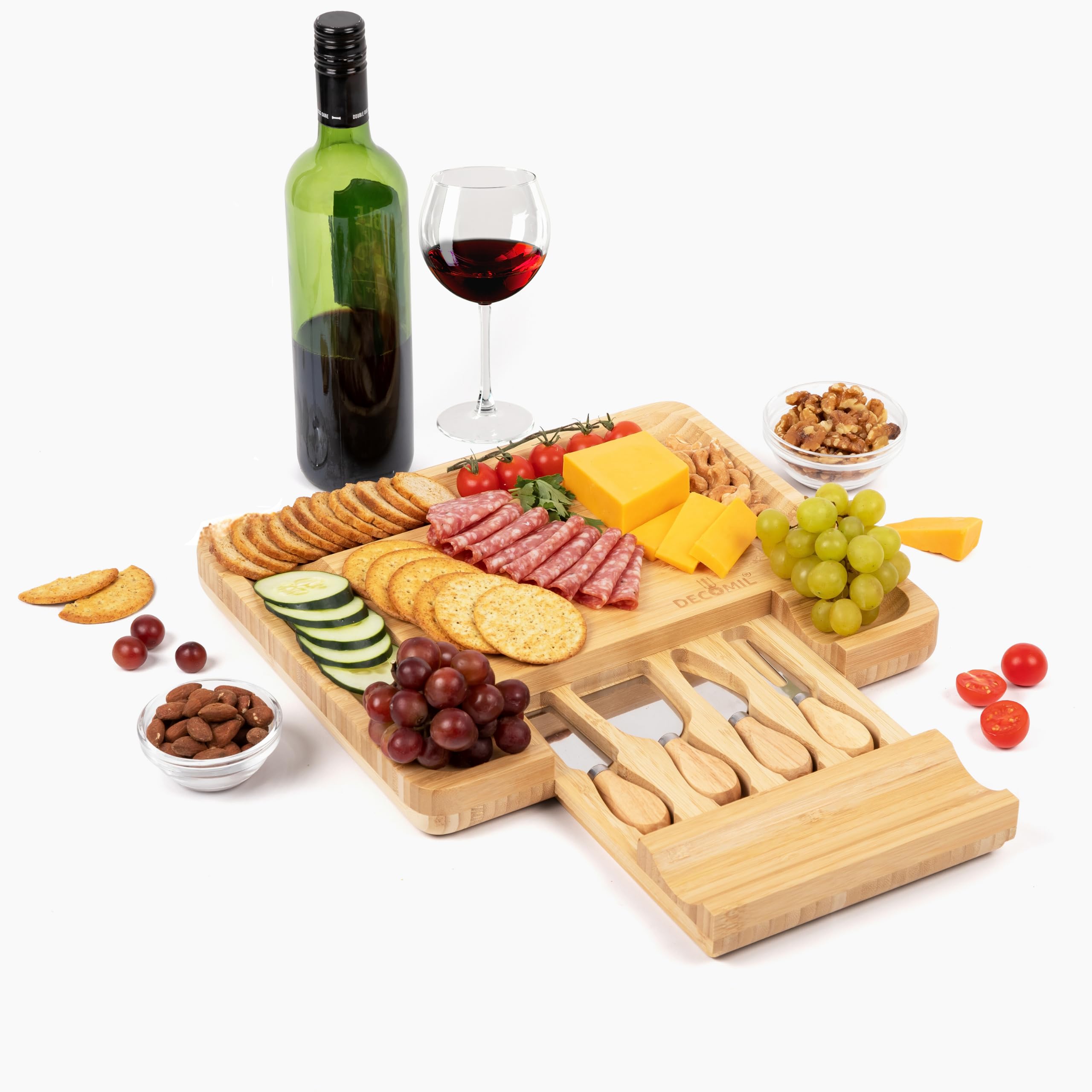 DECOMIL - Bamboo Cheese Board and Knife Set, Charcuterie Board Set, Cheese Board and Cutlery Set, Cheese Cutting Board,%100 Bamboo and Durable