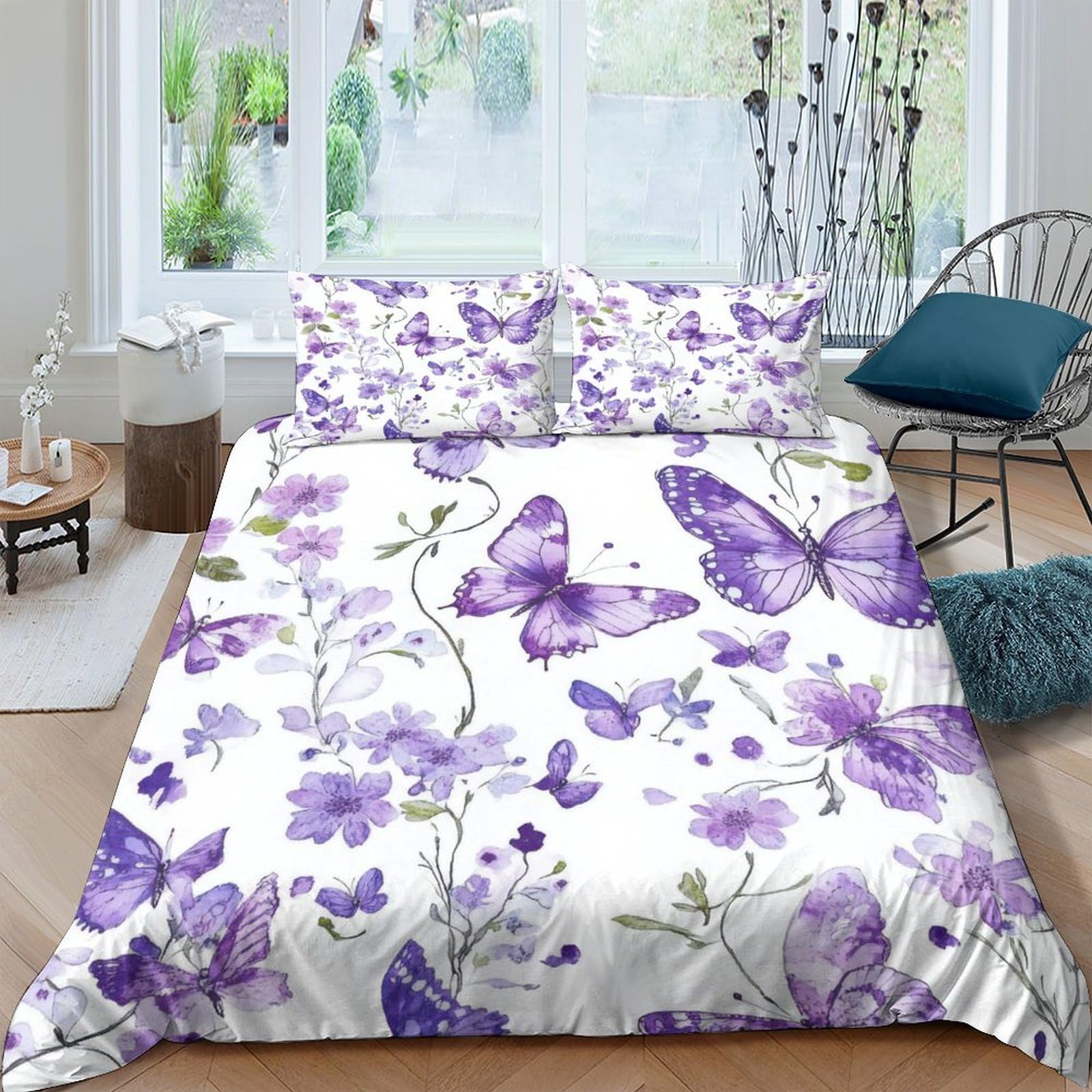 Lila Schmetterlinge 3-teiliges Reines Polyester Aquarell Floral Design Bettbezug, Versteckter Reißverschluss, Krippenbettwäsche, Babysicher & Pflegeleicht King（220x240cm）