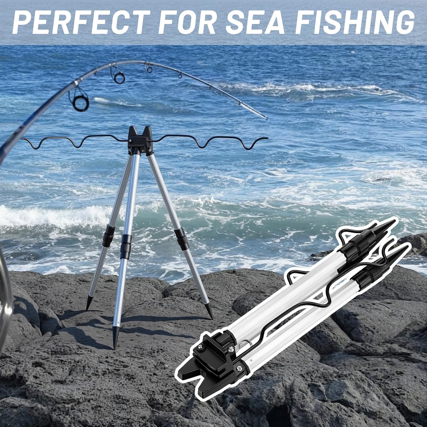 2 Pcs Portable Fishing Rod Holder for Ground 24 Inch Aluminum Alloy 5-Rod Rack with Lock Bank Fishing Rod Holder Fish Pole Bracket Stands Collapsible Fish Accessory Outdoor
