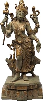 Exotic India Ardhanarishvara Shiva and Parvati - Brass Sculpture - Color Antique Gold Color