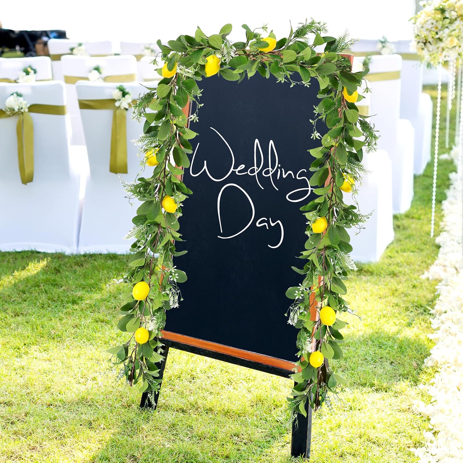 XunYee 6 ft Artificial Summer Lemon Garland with 30 Pcs 3 x 2 Inch Fake Lemons Greenery Fake Fruit Party Decoration for Home Front Wedding Shower Party Table