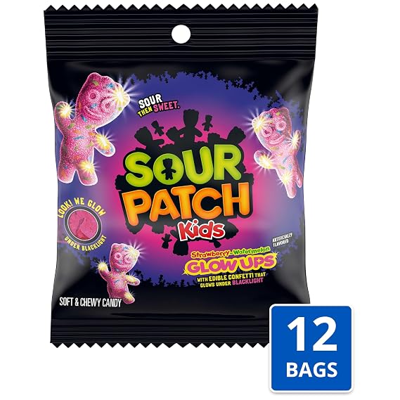 SOUR PATCH KIDS Glow Ups Strawberry-Watermelon Soft & Chewy Gummy Candy, Bulk Candy, 12 - 3.08 oz Bags