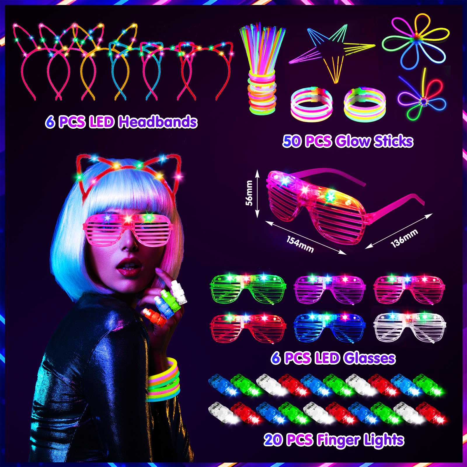 Braccialetti Luminosi Fluorescenti 82 Pezzi, 6 Occhiali Led, 50 Bracciali Luminosi Fluorescenti con 20 Luci da Dito, 6 Fasce Capelli Luminose, Gadget Compleanno Bambini per Festa Matrimoni Carnevale