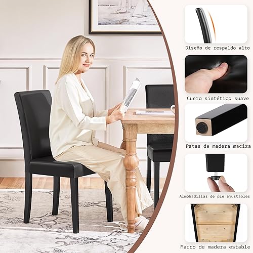 Miniatura 8 de Yaheetech Juego de 4 sillas de comedor Parsons tapizadas de piel sintética con patas de madera maciza para cocina, sala de estar, restaurante, Negro
