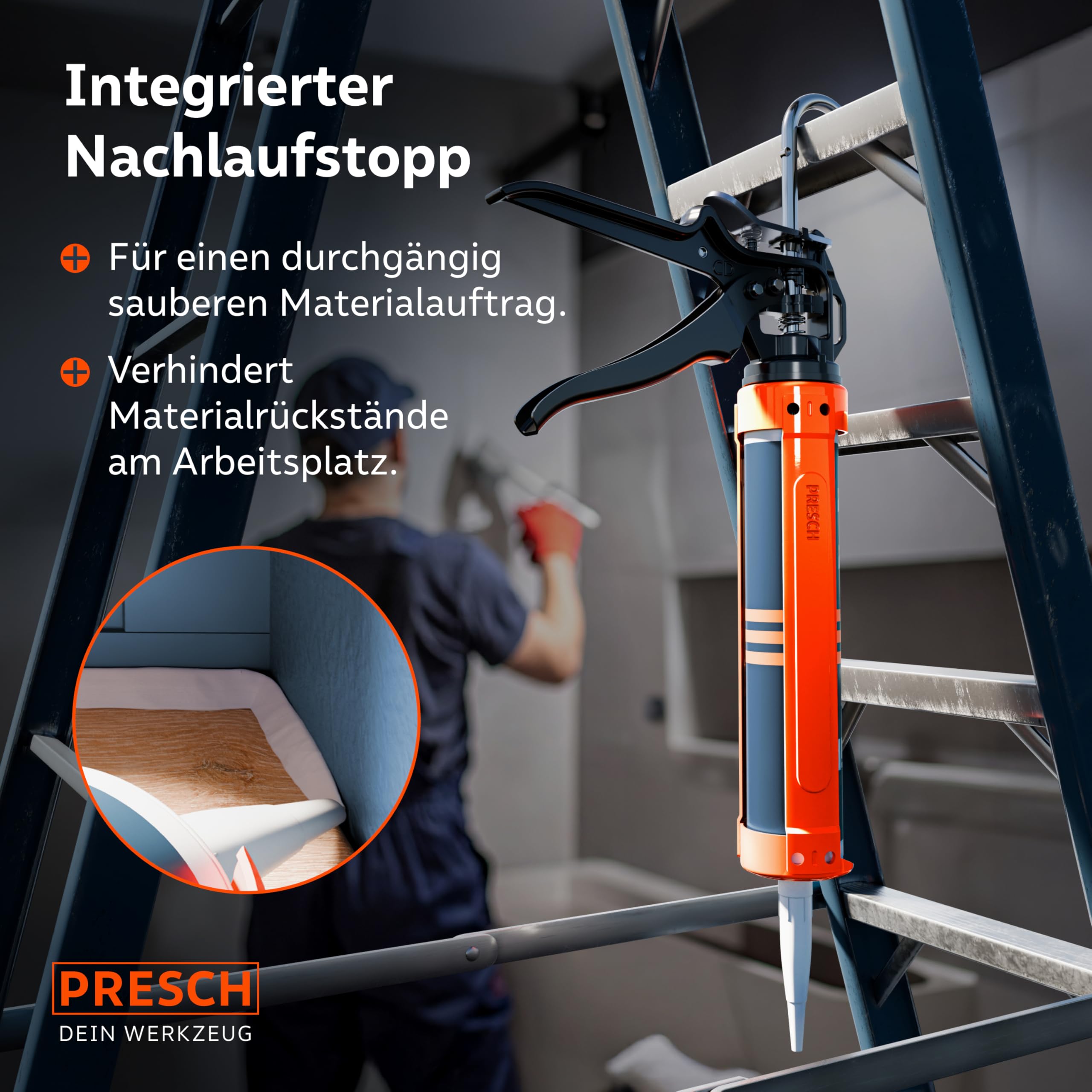 Presch Kartuschenpresse 18:1 Übersetzung & Nachlaufstopp - Silikonspritze für Kartuschen bis 310ml (Mittlere Viskosität, Montagekleber) - Kartuschenpistole 360° drehbar inkl. Einstechwerkzeug