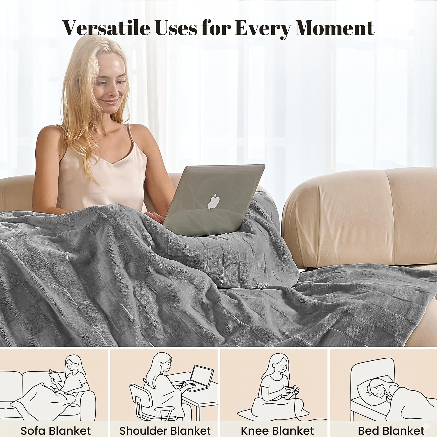 IUUI Heated Blanket Electric Throw Checkered- 50x60 Inches Soft Flannel Heating Blanket,Fast Heating Blanket 6 Heating Levels & 2 Hours Auto Off ETL Certification (Silver Grey)