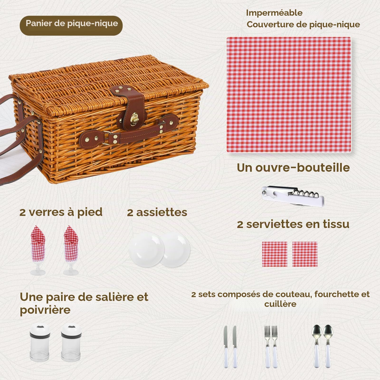 Panier de pique-nique pour 2 personnes, avec compartiment isotherme et couverture de pique-nique imperméable, sangle amovible, sac à vin, couverts, pour le camping, la plage, la randonnée, le