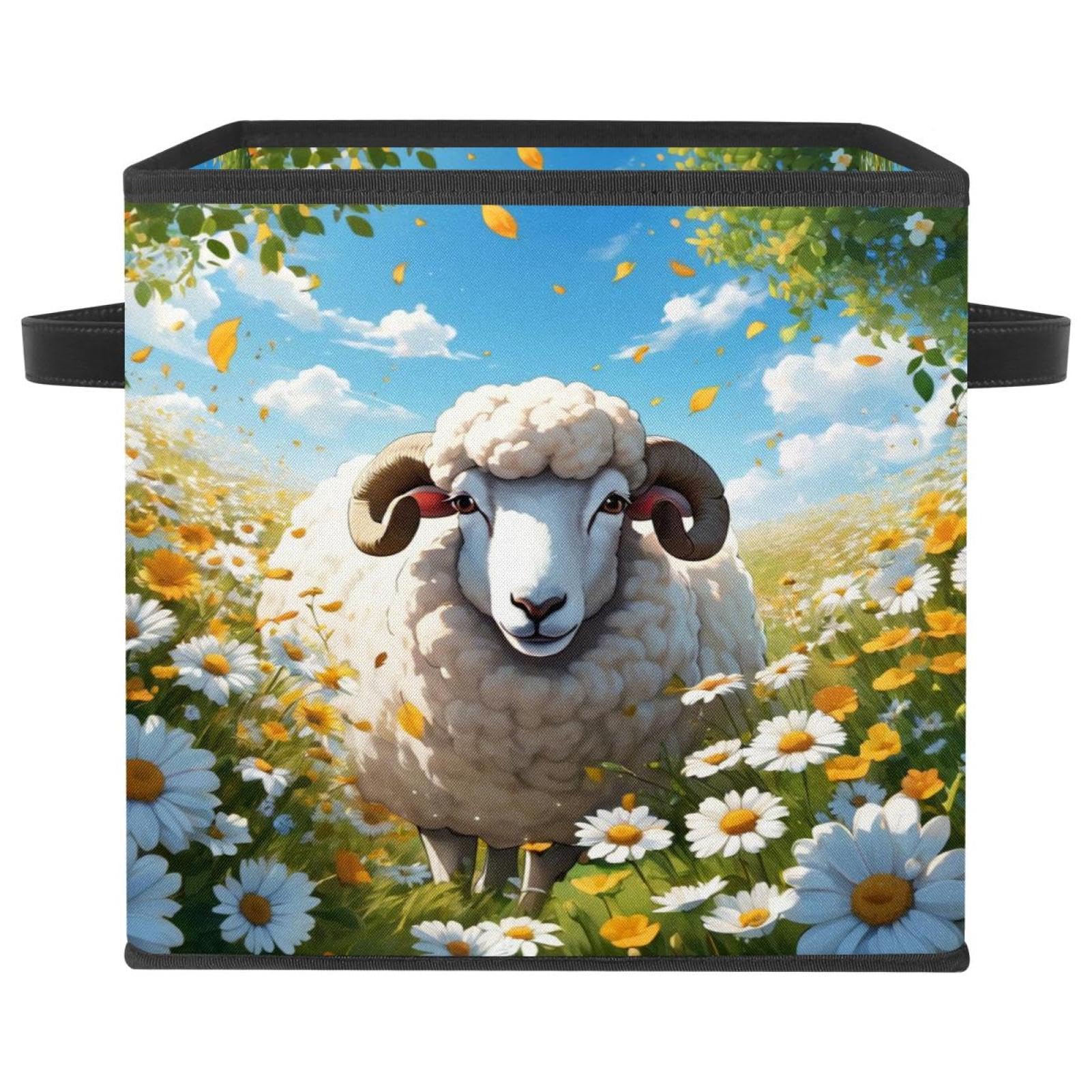 Grand cube de rangement avec poignées en cuir boîte pliable motif mouton et fleurs