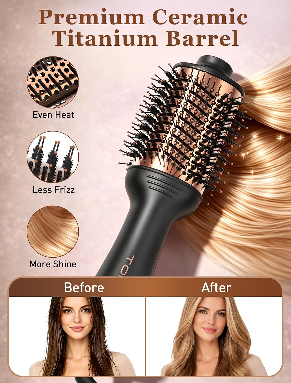TOME 3-Inch Hot Air Brush 1200W, Oval, Dual Voltage, Ceramic Titanium