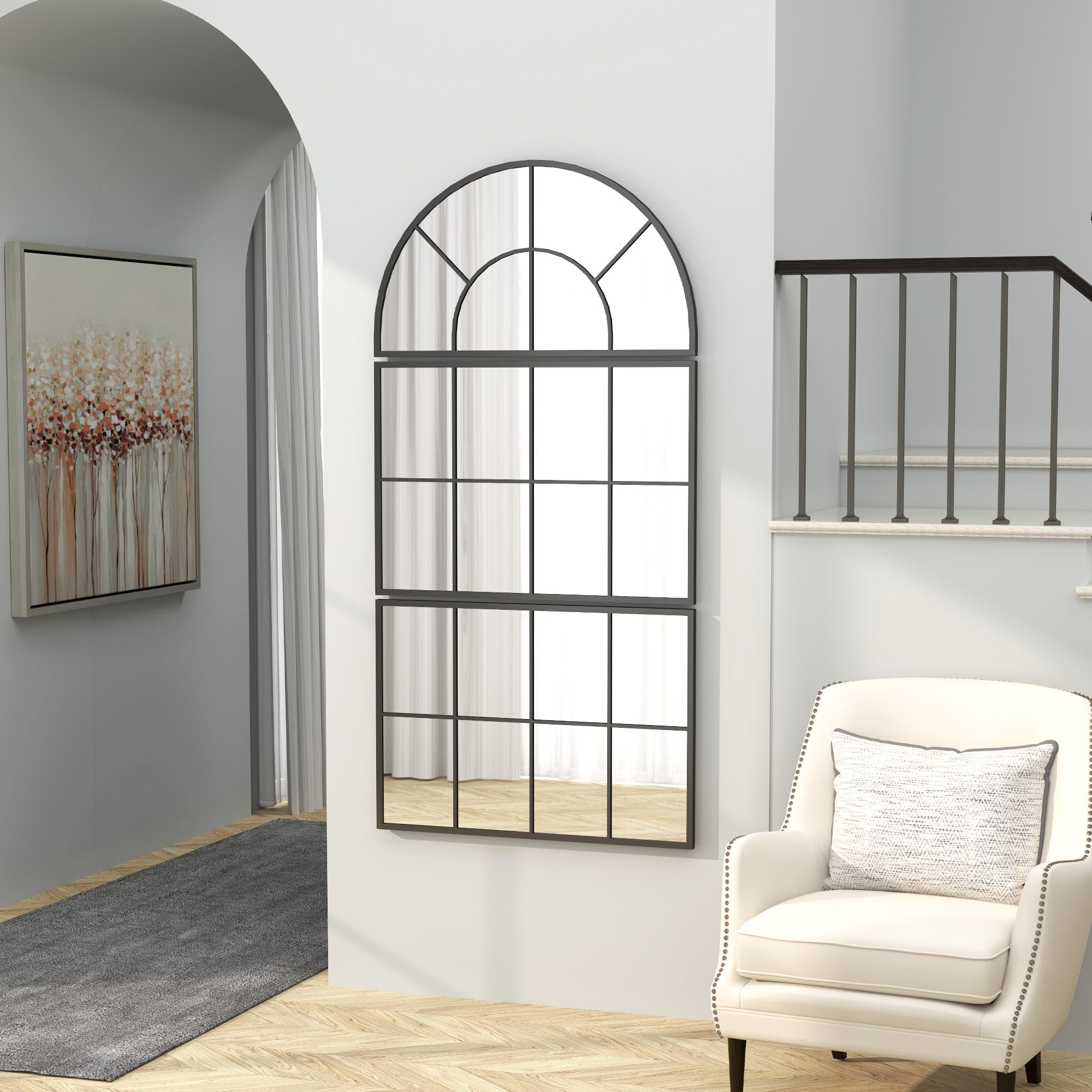 HOMCOM Espejo de Pared, 76x149 cm, 3 Piezas, Espejo de Recibidor con Marco de Metal en Forma de Ventana, Decoración para Salón, Dormitorio, Entrada, Negro