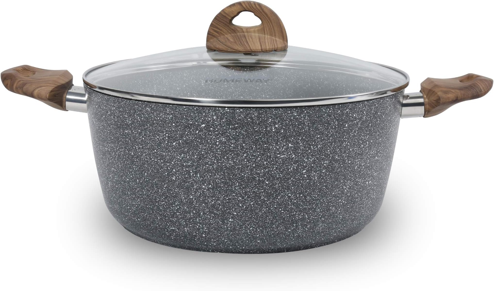 28 cm Marble Casserole With Lid, 5 Layer Non-Stick Coating, 3mm Thickness, Soft Touch Wooden Handle, Forged Construction, Fast Heating Induction Bottom - HW3422