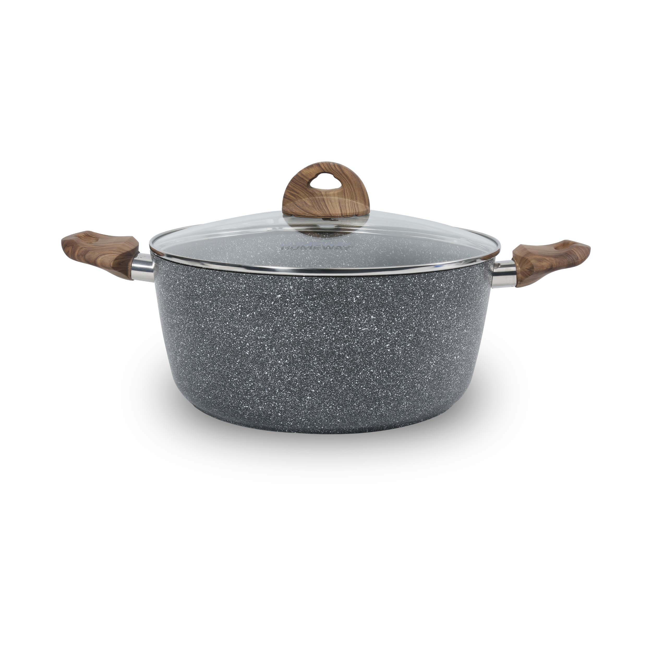 28 cm Marble Casserole With Lid, 5 Layer Non-Stick Coating, 3mm Thickness, Soft Touch Wooden Handle, Forged Construction, Fast Heating Induction Bottom - HW3422