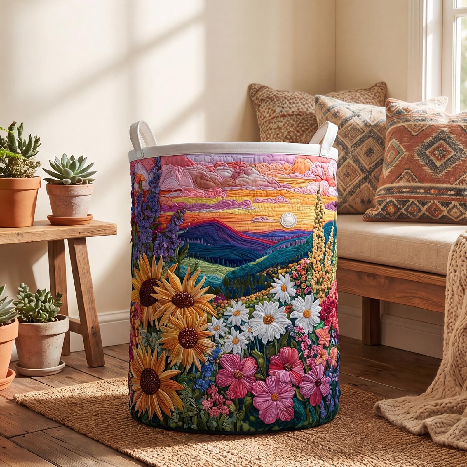 Quilted Laundry Basket With Handles, Large Floral Boho Fabric Storage Basket Foldable Soft Clothes Organizer Bin for Nursery House, Laundry Room