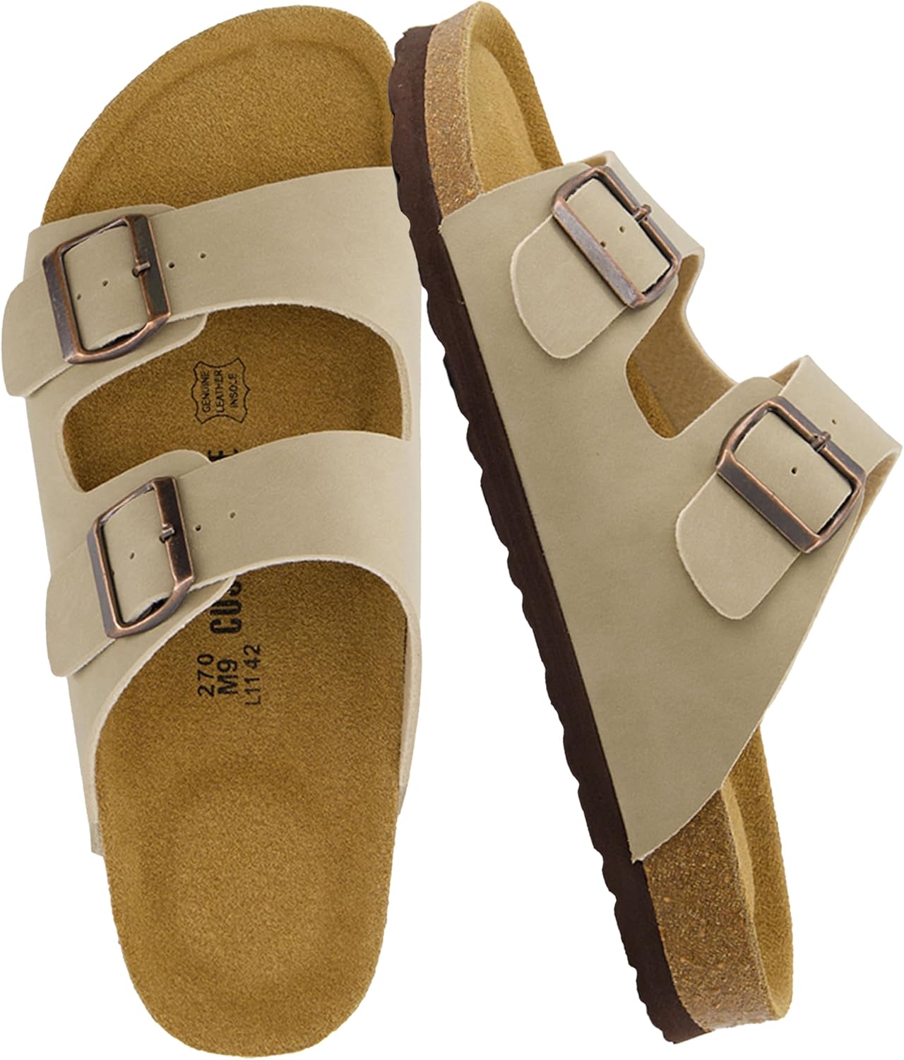 CUSHIONAIRE Lane Cork Footbed Mens Sandals, Adjustable Buckle Comfort Slides for Men, Genuine Leather Insole Summer Sandals Men Footwear