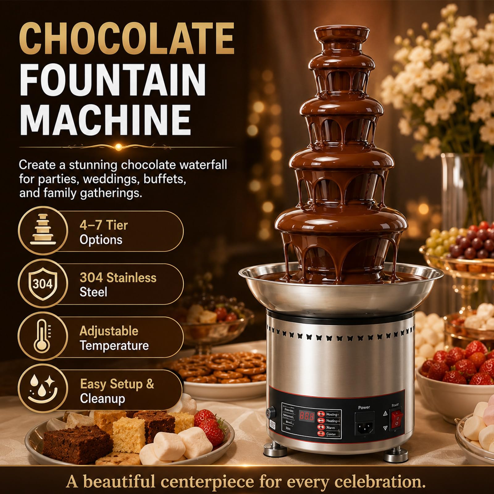 Fuente Comercial Chocolate Fundido 4/5/6/7 Niveles, Potencia Calorífica 300w 7Tiers