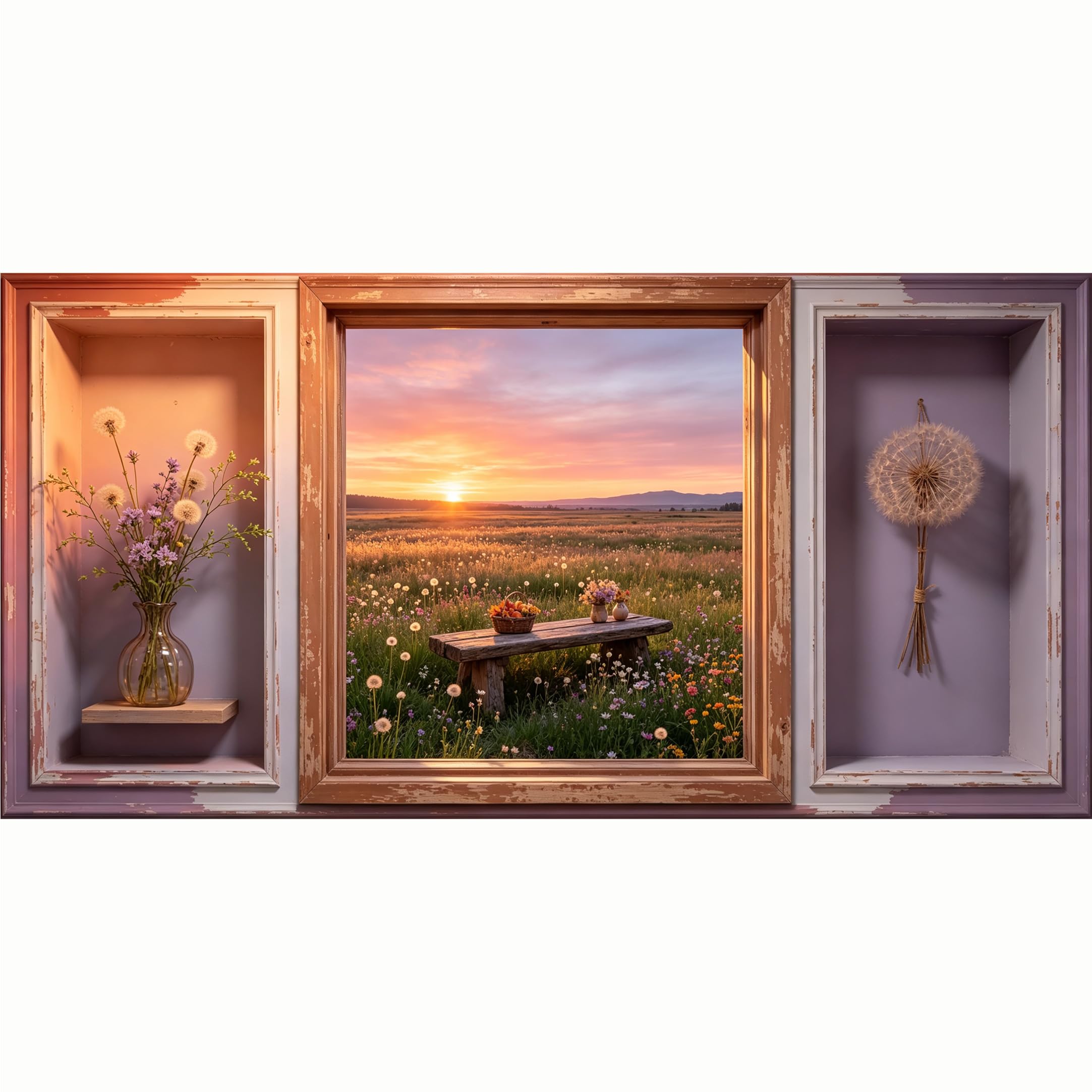 QZLITHOTIC 50x100cm 3D Framed Wall Art， Sunset Meadow Flower Field Landscape SelfAdhesive Mural， WaterActivated Peel & Stick Fabric Decor Wall Decal for Bedroom Living Room