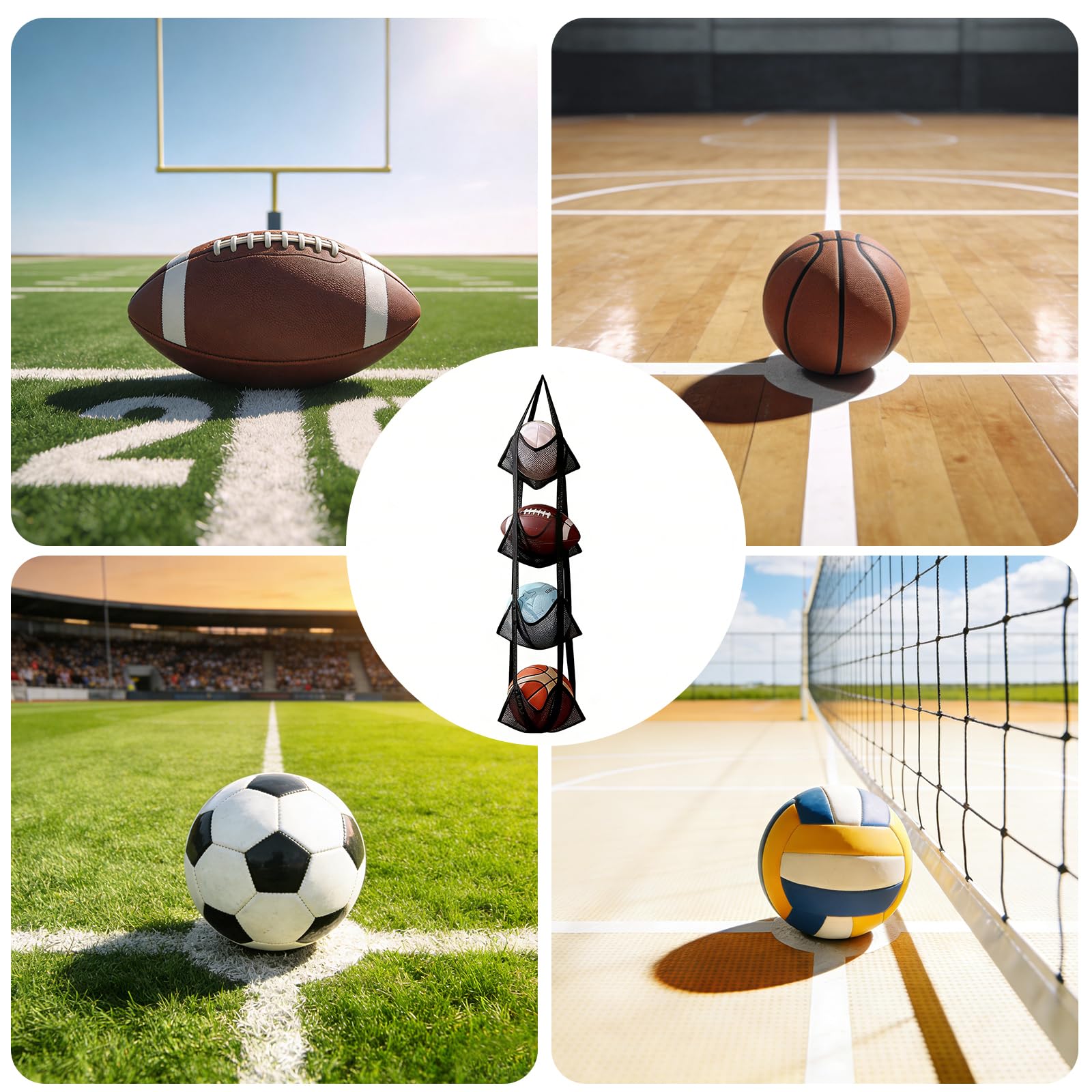 Rangement Ballon Mural Suspendu – Support Ballon 4 Niveaux, Filet de Rangement Ballons en Nylon pour Basketball Football Volleyball, Organisateur Gain de Place pour Garage, Cave, Salle de Sport (Noir)