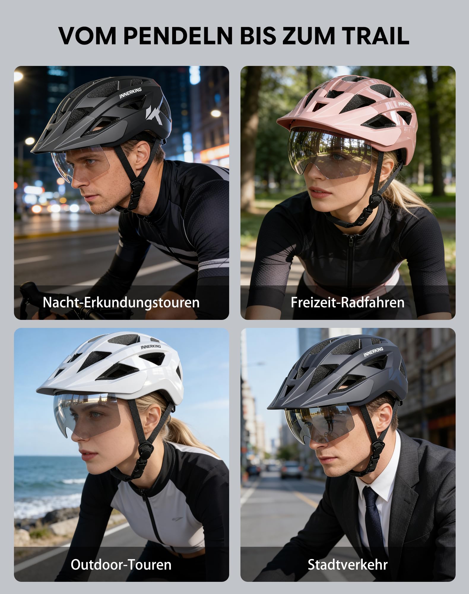 InnerKing Fahrradhelm Herren Damen, Leichte Fahrradhelm mit Magnetische Schutzbrille Visier und USB-Aufladung LED Licht, MTB Helm Radhelm Cityhelm