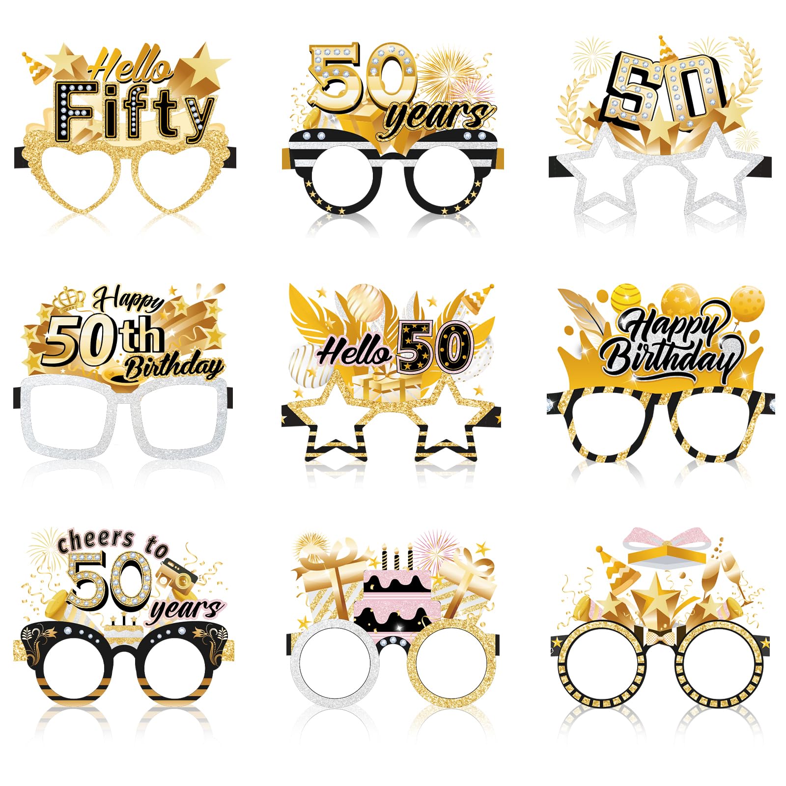 Konsait 50th Birthday Glasses - 18 Pack Paper Glasses for Men & Women, 50th Birthday Party Favors & Photo Props