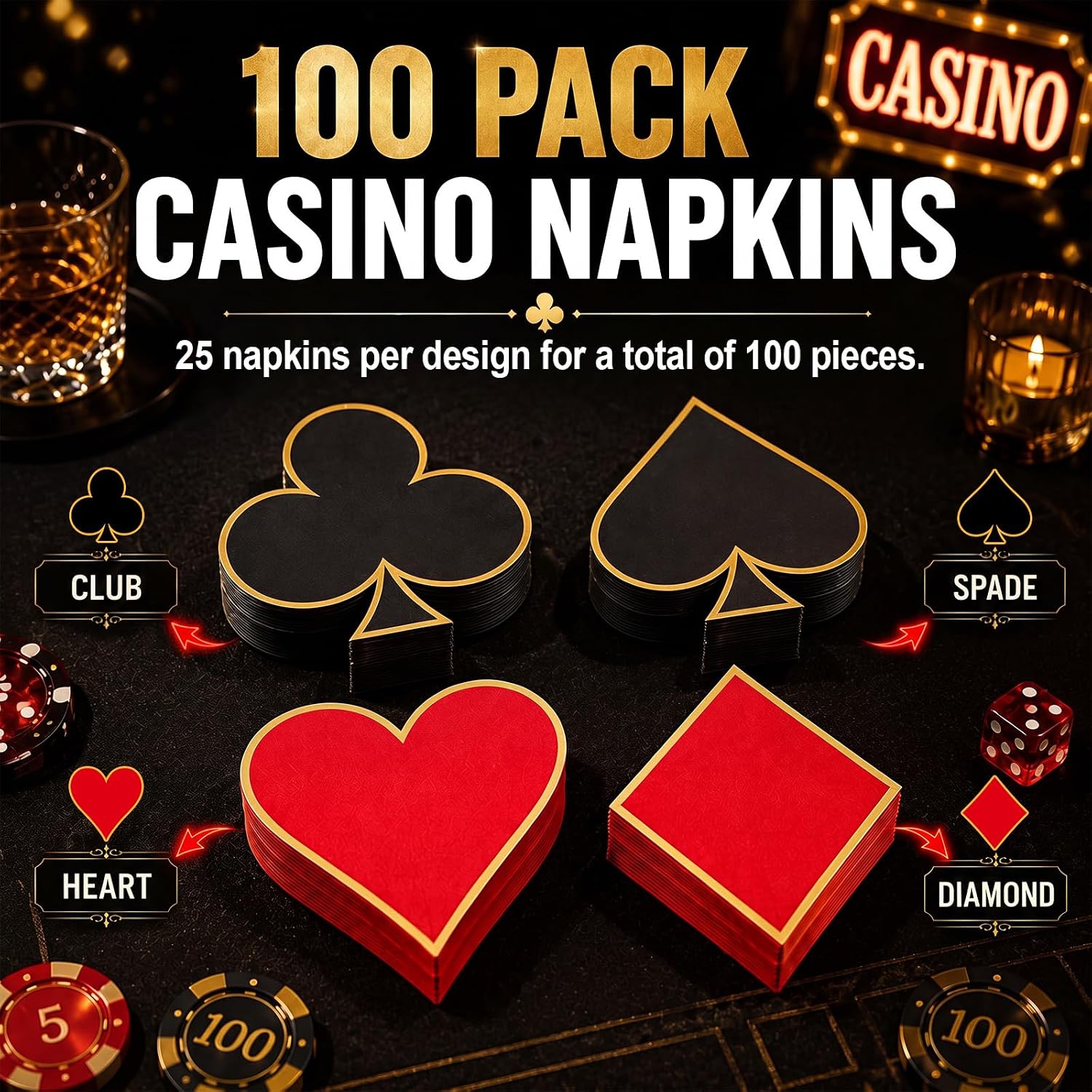 Honoson 100 Pack Casino Cocktail Napkins, 4 Poker Suit Designs, Gold Trim