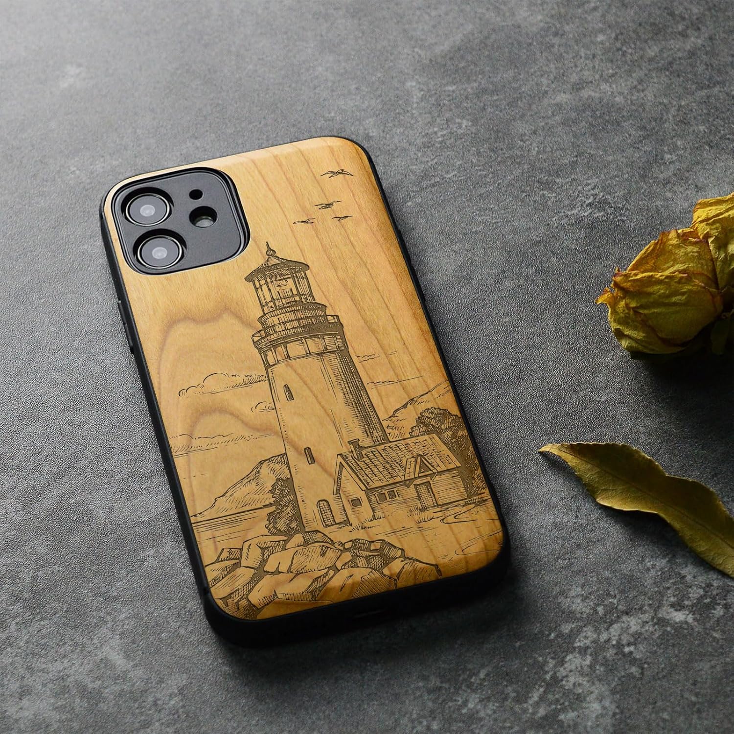 Carveit Magnetic Wood Case for iPhone 12 Case [Natural Wood & Black Soft TPU] Shockproof Protective Unique & Classy Wooden Cover Compatible with MagSafe (Lighthouse -Cherry)