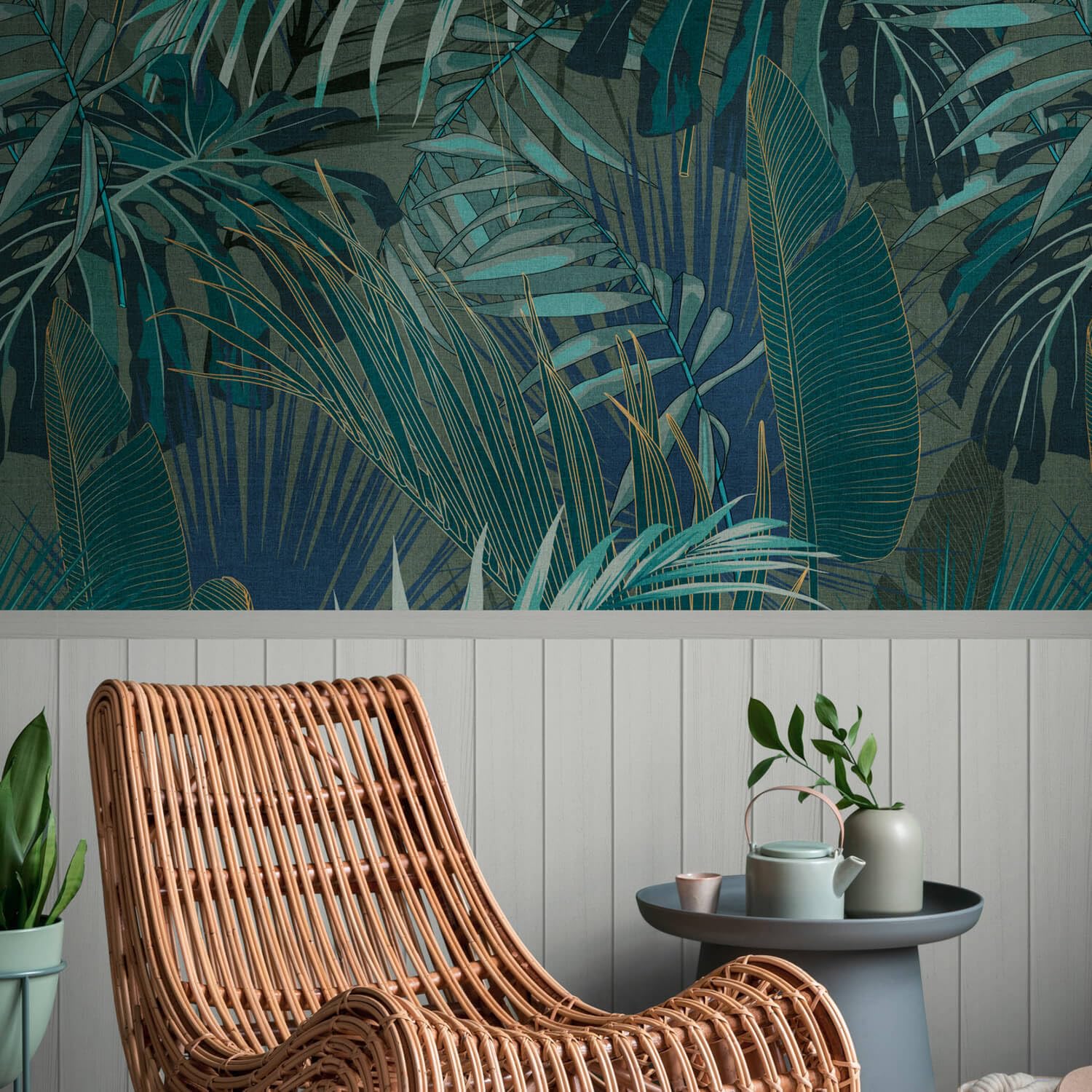 Papier peint panoramique jungle pour salon moderne intissé bleu pétrole gris