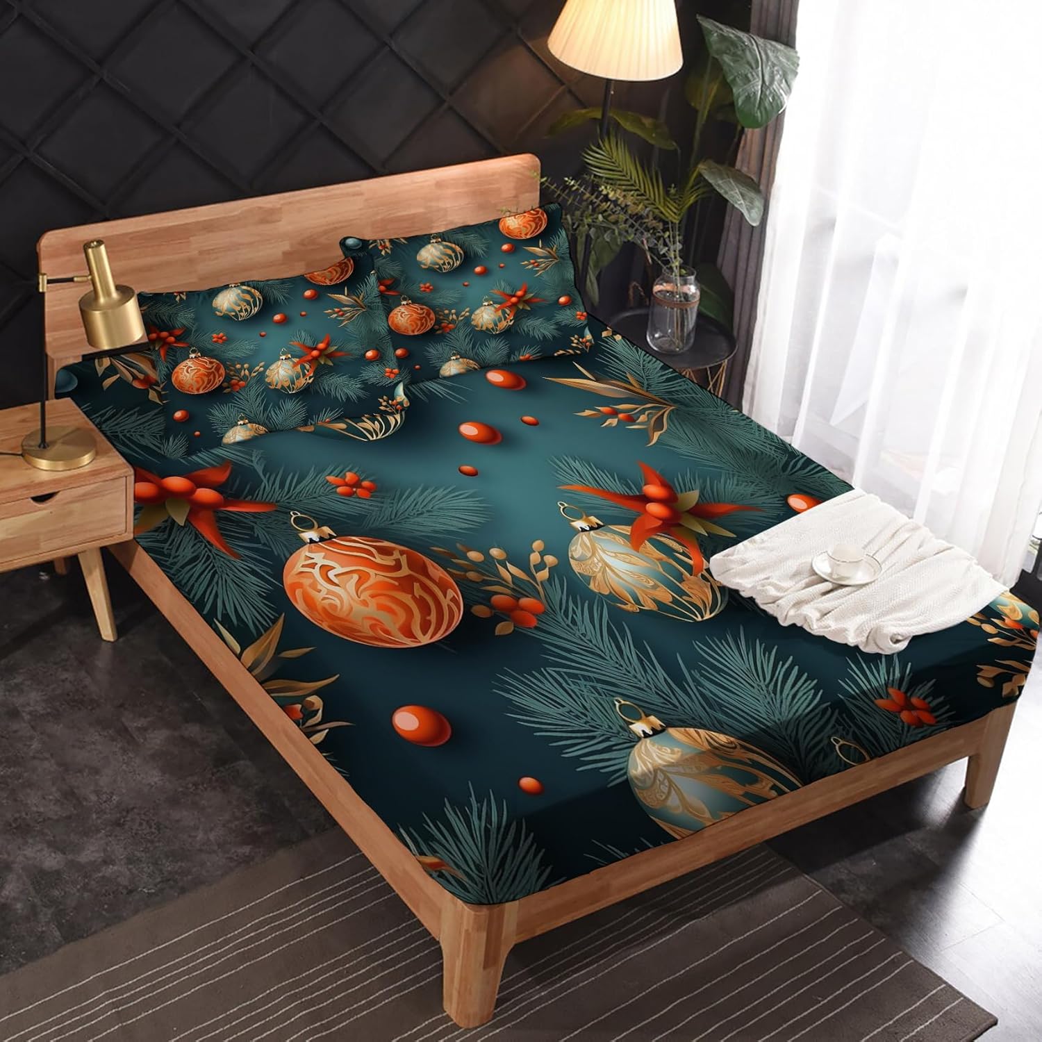 Christmas Bed Sheets Twin Size, Train Sheet Set, 16 Inch Deep Pocket Patterned Sheet & Pillowcase Sets, Super Soft Brushed Microfiber Bedding Sheets - 3 Piece