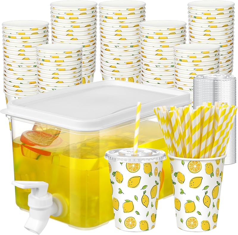 Dingion 151 Pcs Lemonade Stand Supplies Drink Dispenser with Cups,Cup-16oz | Lemonade Stand Kit, Spigot Pitcher, 50 Disposable Paper Cup, with Lids and Straw, Summer Barbecue Picnic, Fruit Juice Station