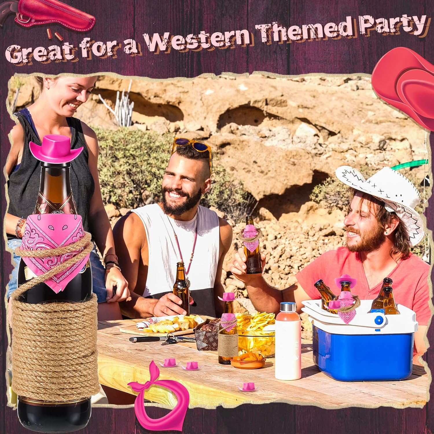 Leitee 20 Pack Mini Cowboy Hats for Crafts Plastic Tiny Cowgirl Hat with Pink Bandannas for Western Cowboy Party Decoration