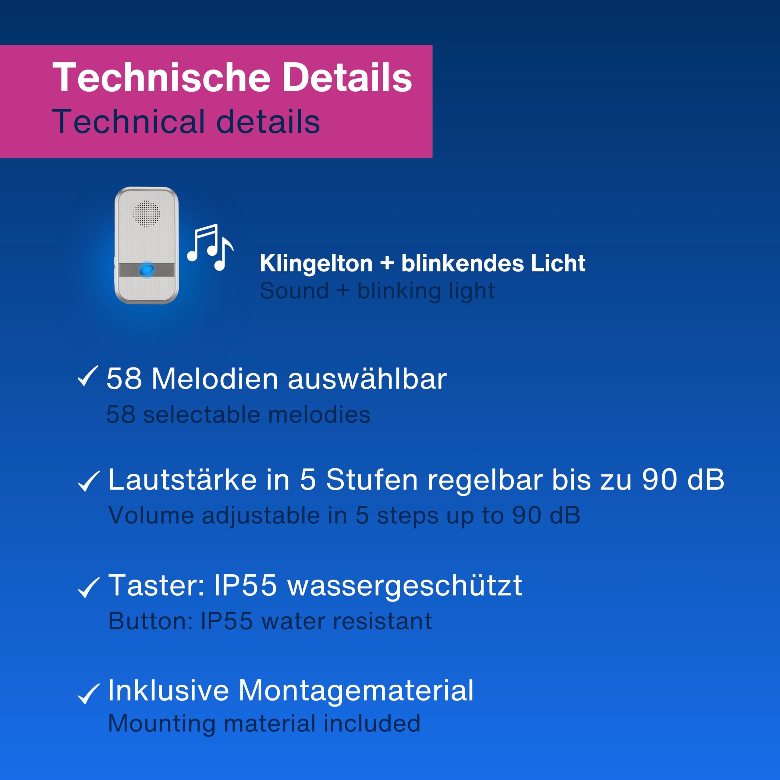 REV Funkklingel - Türgong Set Orchestra drahtlos, 150m, 90dB, Funkgong 230VAC und Klingeltaster, weiss