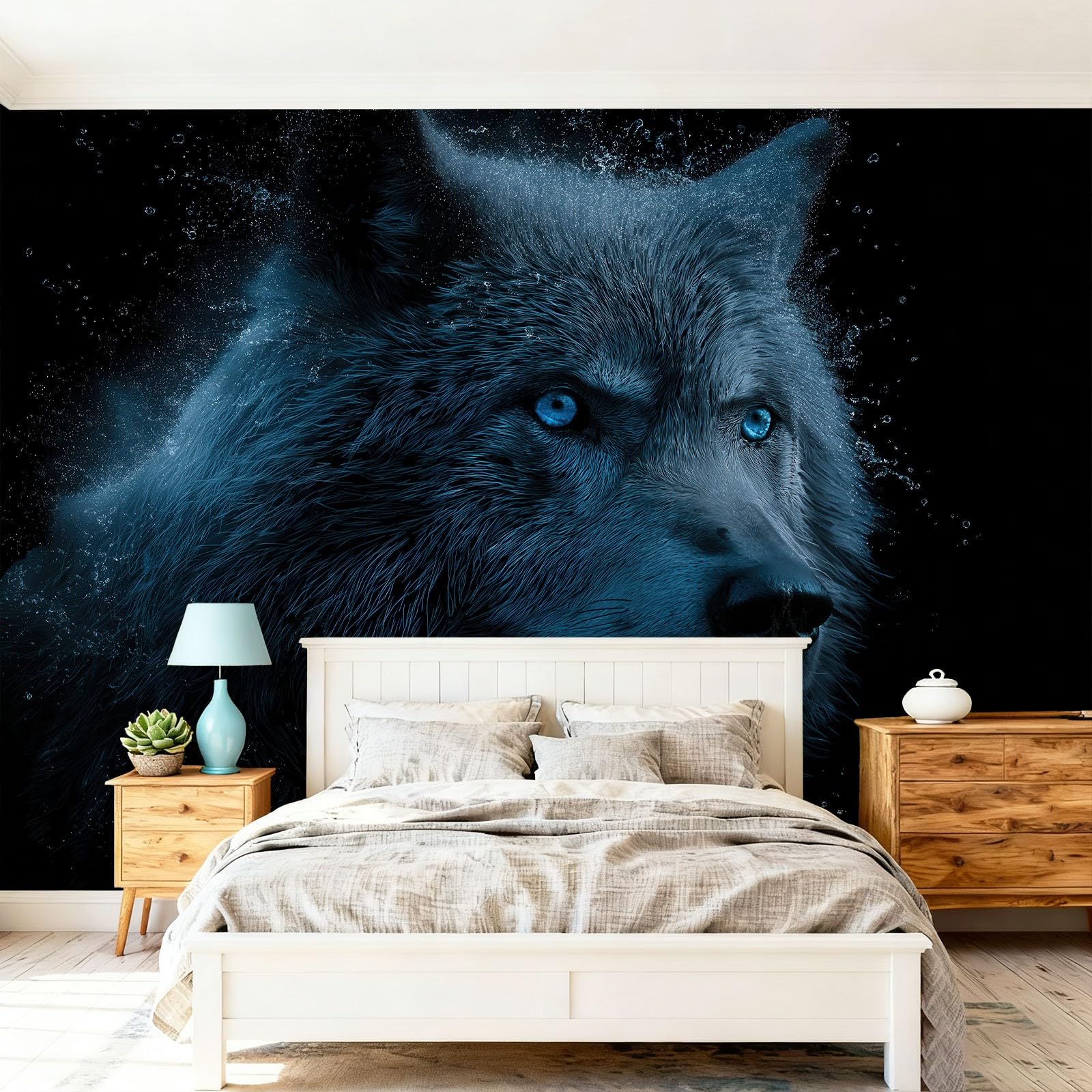 Tapeta z włókniny 350 x 256 cm, fantastyczne zwierzę wilk, dekoracja ścienna do głównej sypialni i salonu, czarno-niebieska