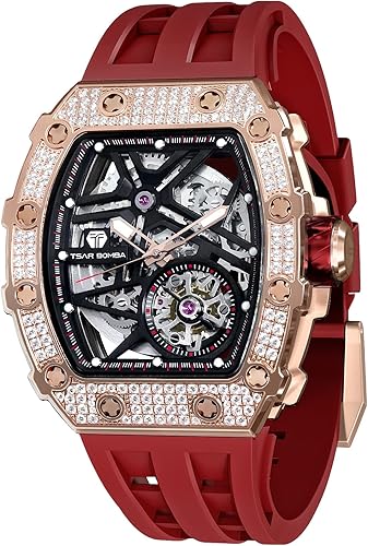TSAR BOMBA Reloj mecánico automático de lujo para hombre reloj de pulsera de esqueleto tonneau correa de fluorubber fibra de carbono cerámica