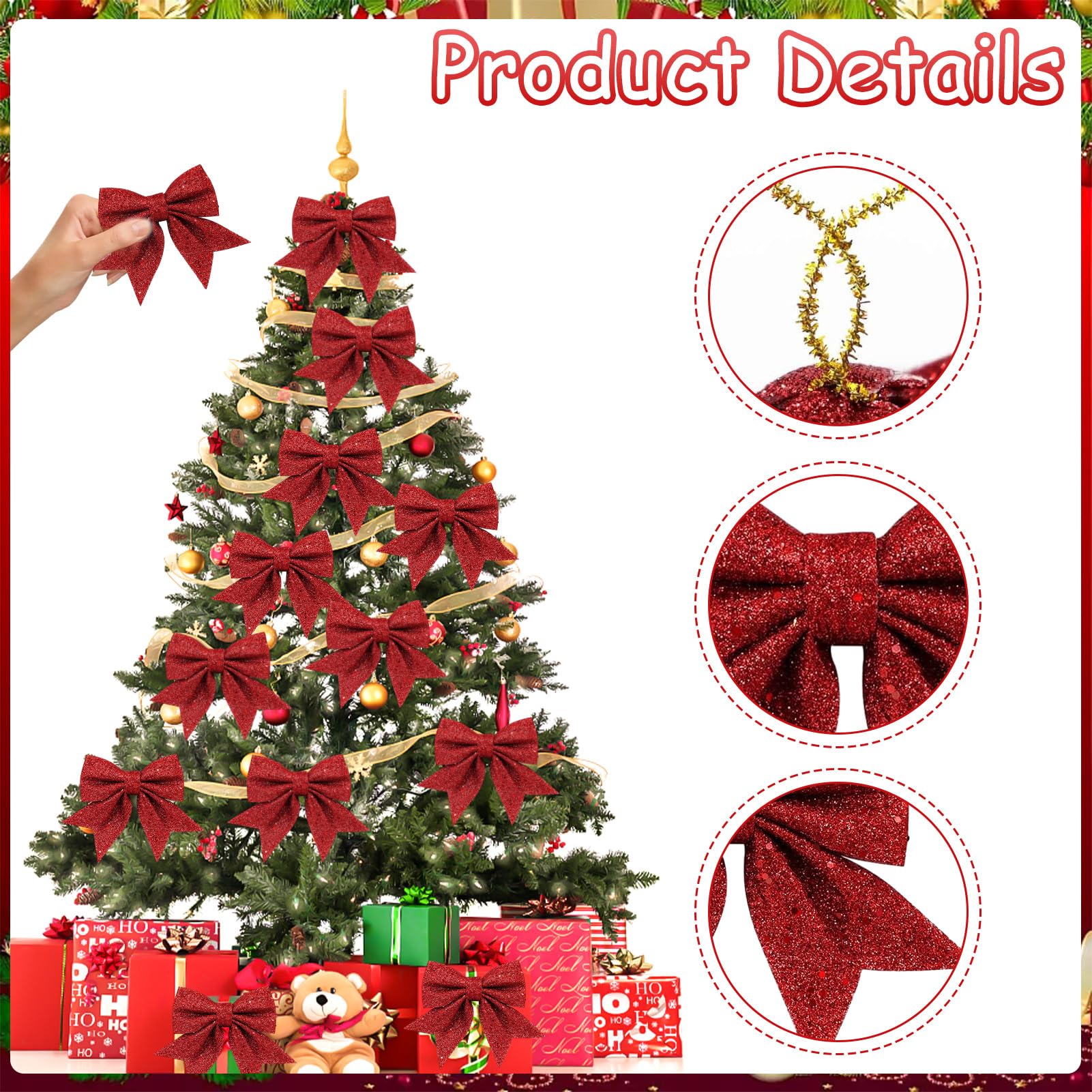 Pack of 12 Christmas Bows, 18 x 13 cm Christmas Bows Christmas Bow Ribbon Glitter Bow Christmas Tree Decoration - Image 3