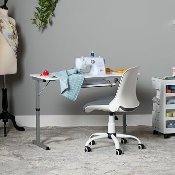 Sew Ready Portable Sewing Table, Computer or Office Desk with Foldable and Rollaway Design, 40.5 Wide Tabletop for Arts and Crafts, Silver/White