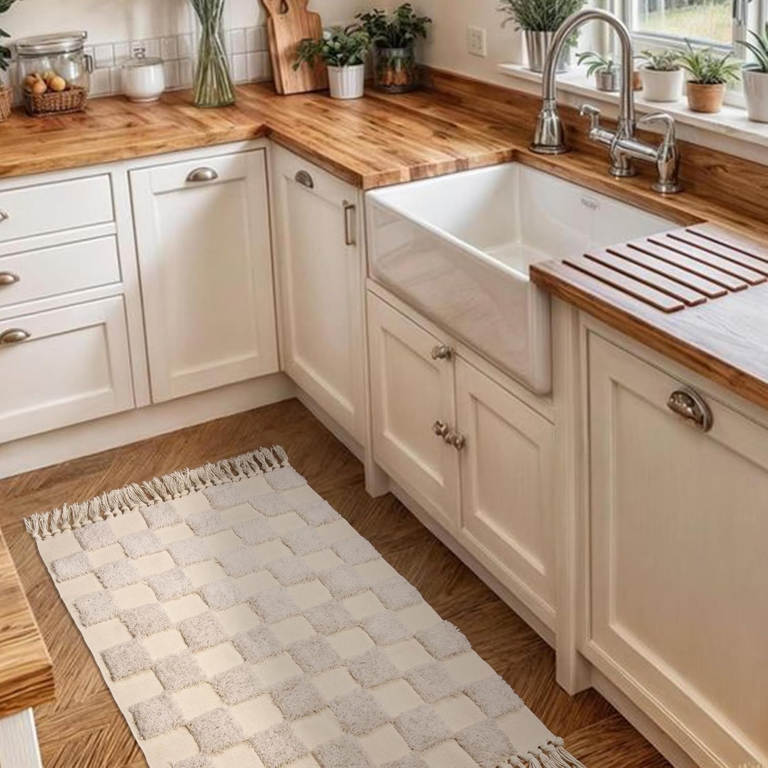 Boho Bathroom Rugs Beige Checkered Runner with Tassels, Boho Bath Mat Kitchen Runner Rug Washable, 2'x4.3' Tufted Rug