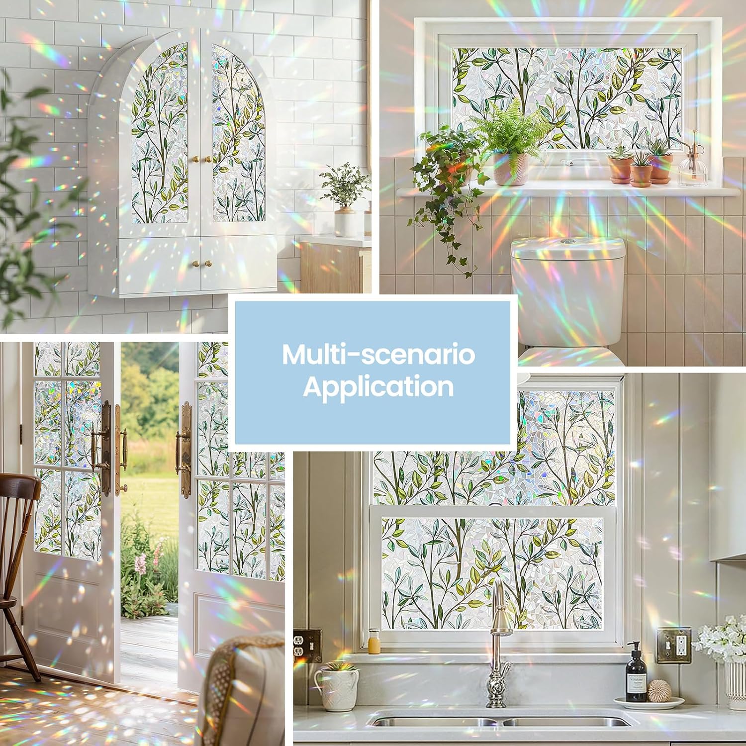 ADD.HERES Window Privacy Film, Stained Glass Decorative Static Cling, Removable Laser Sun Blocking Vinyl Covering, Window Film for Home Kitchen Living Room, Green Vineman, 29.5" x 78.7"