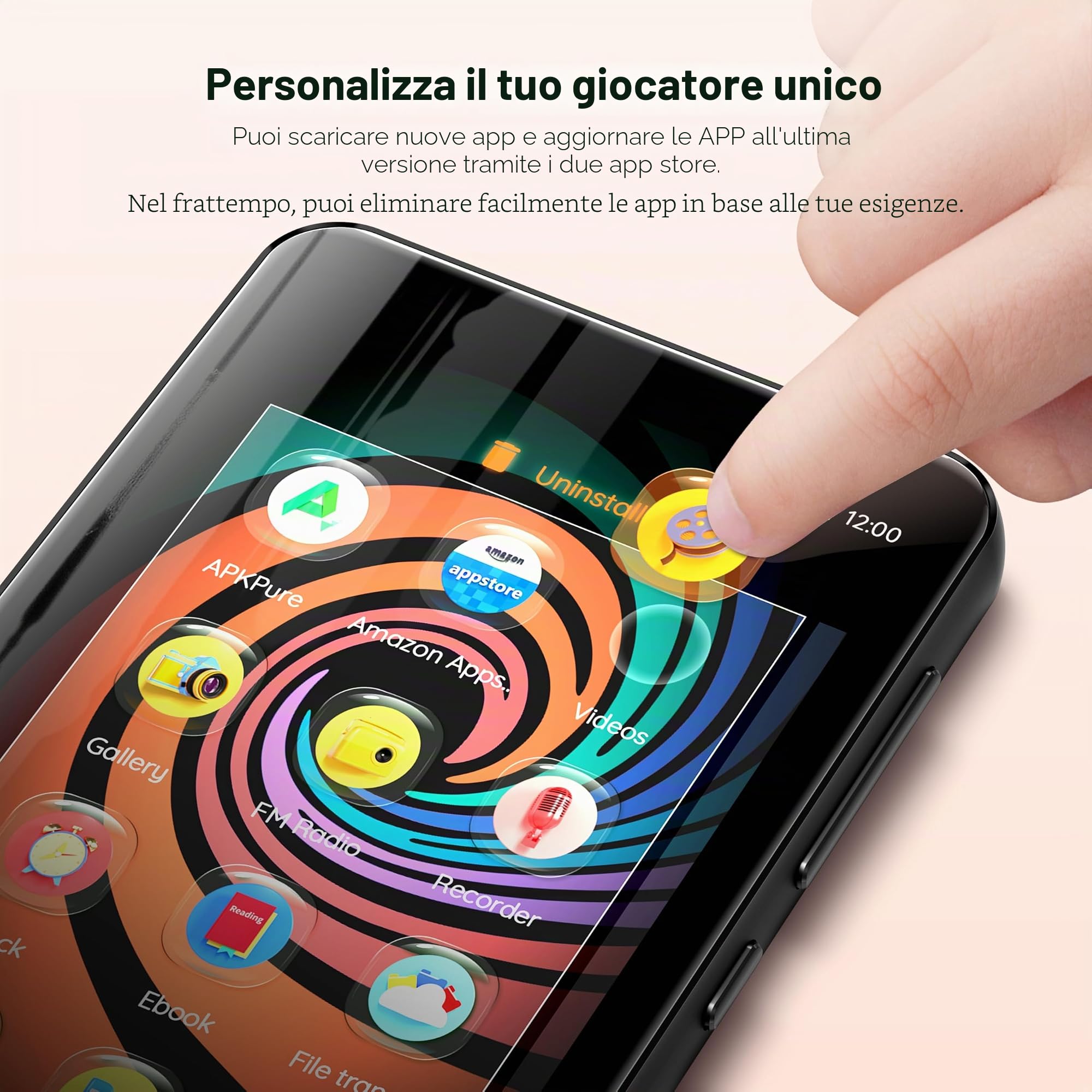 Innioasis Lettore MP3 con Bluetooth e WiFi, lettore MP3 da 160 GB con Spotify,Pandora, Amazon Music, Audible, Libby, audiolibri,touch screen da 4 pollici, lettore Android MP3 MP4 con（Nero）