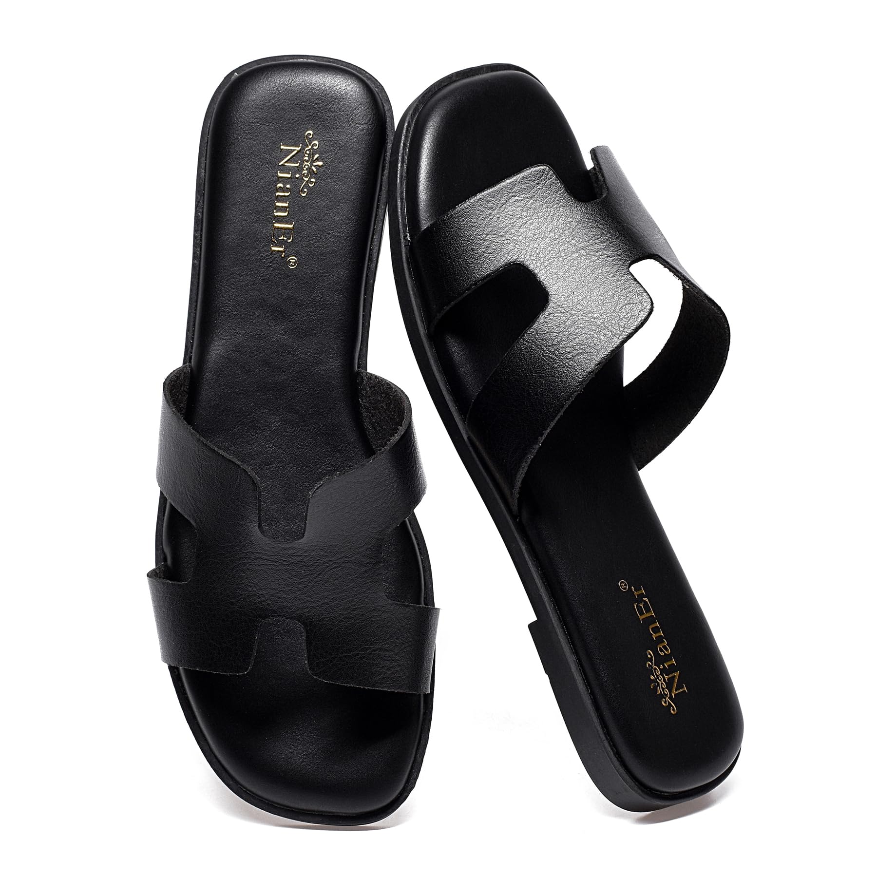 NianEr Womens Microfiber Leather Comfort Foam Support H Sandals Square Toe Dress Dressy Slip On Casual Cute Comfort Bride Bridal Wedding Designer Date