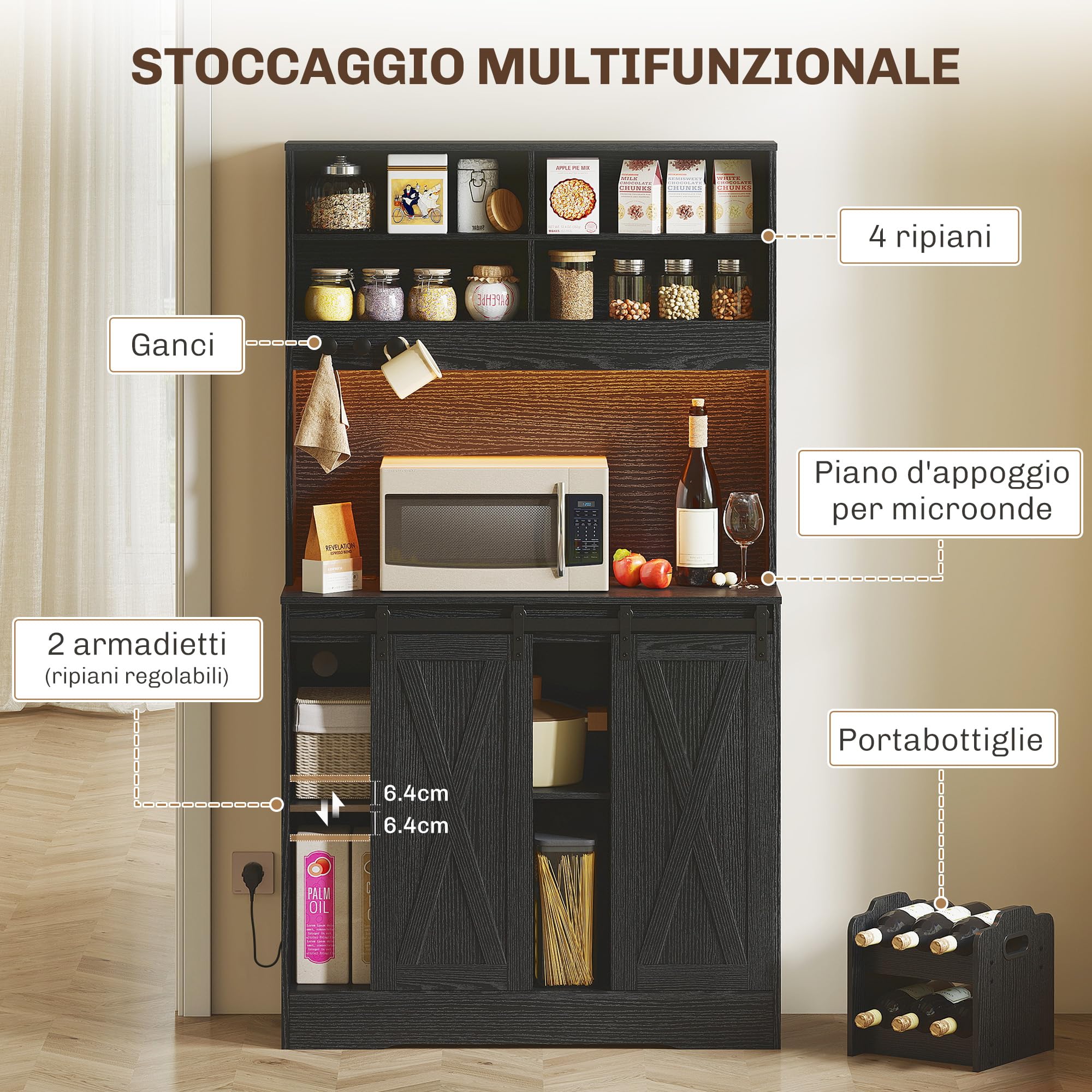 HOMCOM Credenza Cucina, Mobile Dispensa con Prese di Ricarica, Luci LED Regolabili, Portabottiglie Rimovibile per 6 Bottiglie, Mobile Buffet Ripiani Aperti, Ante Scorrevoli, per Sala da Pranzo, Nero