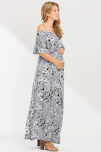 Miniatura 8 de My Bump Vestido de maternidad largo con volantes y hombros descubiertos para mujer, fabricado en Estados Unidos