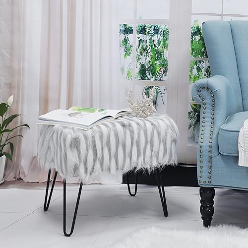 Miniatura 4 de Banco otomano de piel sintética gris y blanco, 19.5 x 12.5 x 17 pulgadas de alto, cómodos taburetes de maquillaje esponjosos con patas de metal,