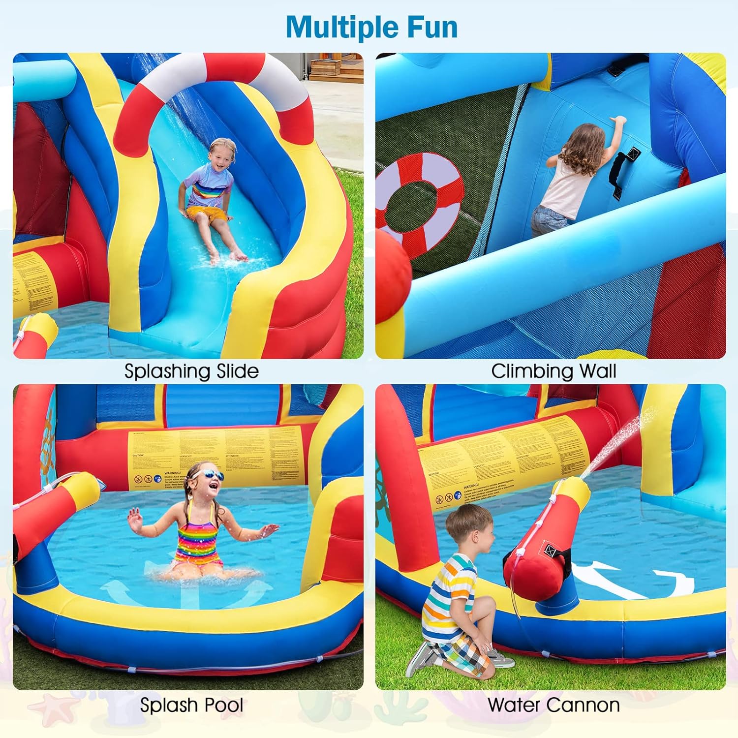OLAKIDS Inflatable Water Slides, Nautical Themed Bouncy House with Slide, Splash Pool, Climbing Wall, Water Gun, Outdoor Jumping Castle with Hose, Carry Bag, Repairing Kit, Stakes