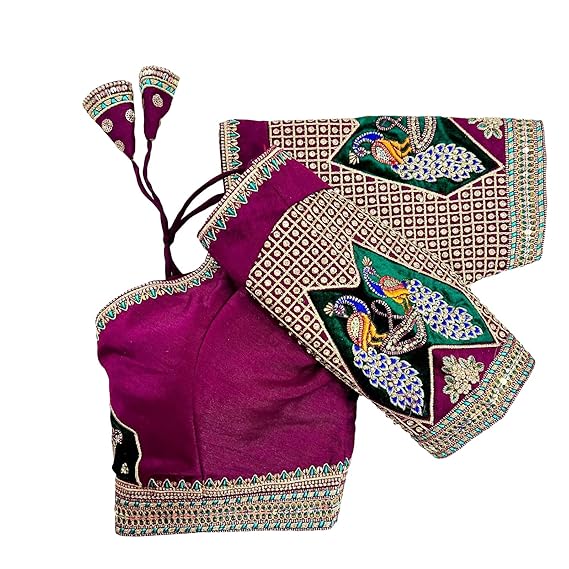 Women's Milan Silk Embroidered with Sequins Patch Work Half Sleeve Blouse (Gayatri)