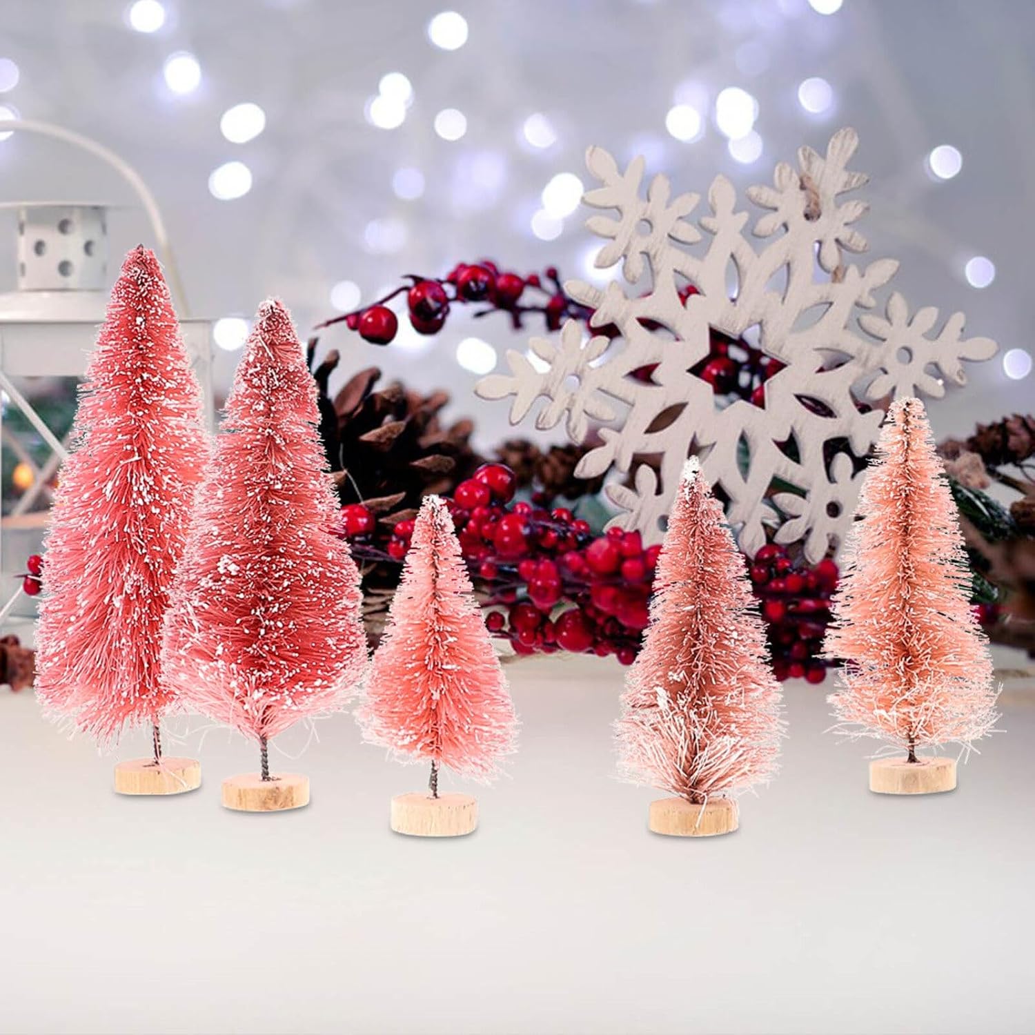 TOYANDONA 8pcs Bottle Brush Christmas Trees Pink Mini Christmas Trees Small Mini Pine Trees Desktop Miniature with Snow and Wooden Base