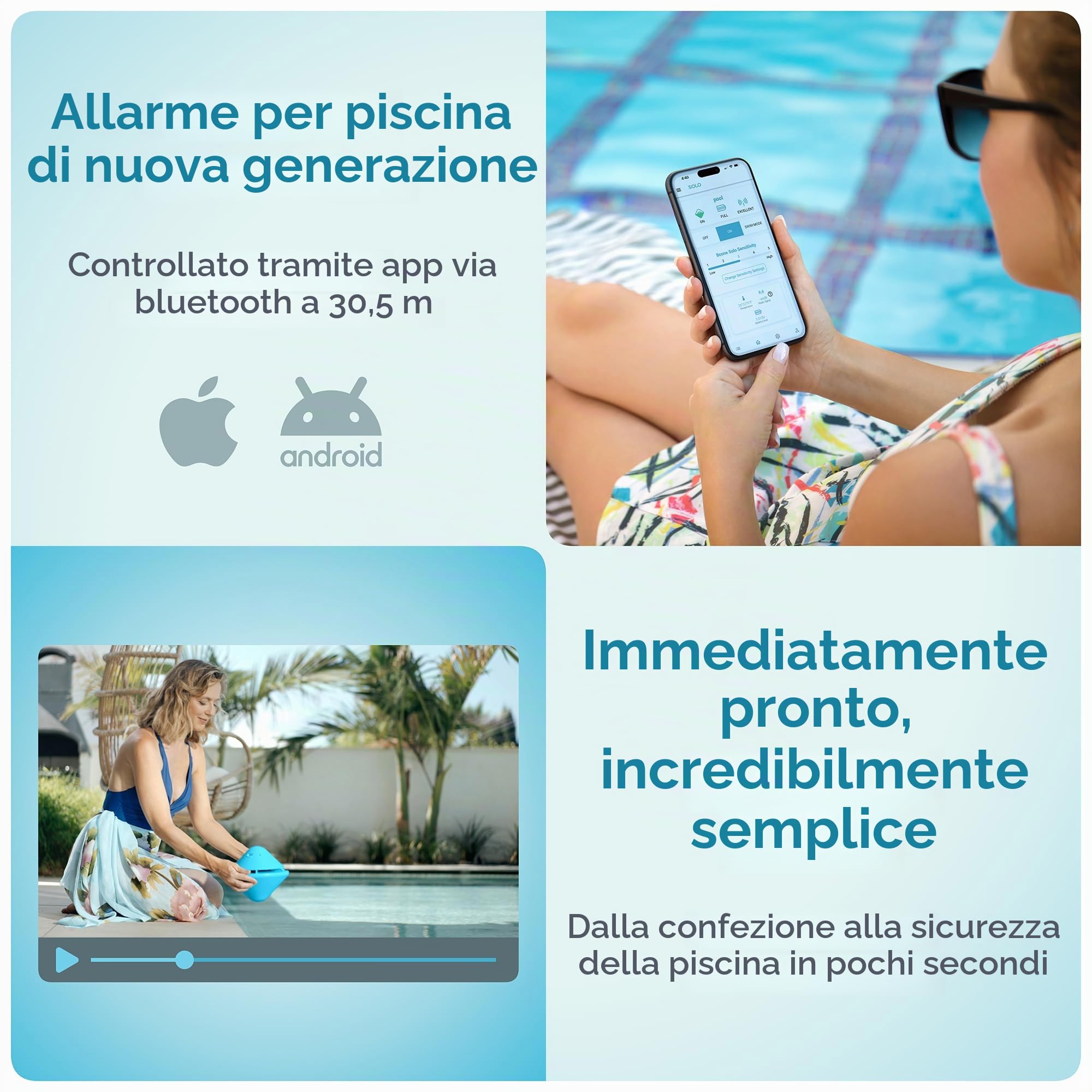 Allarme Piscina Solo, Allarme Smart Pool con App Bluetooth, per Piscine Fuori Terra e In-Terra, Sirena Forte 110 DB, Impermeabile IP68, 3 Anni di Garanzia, Installazione in pochi secondi.