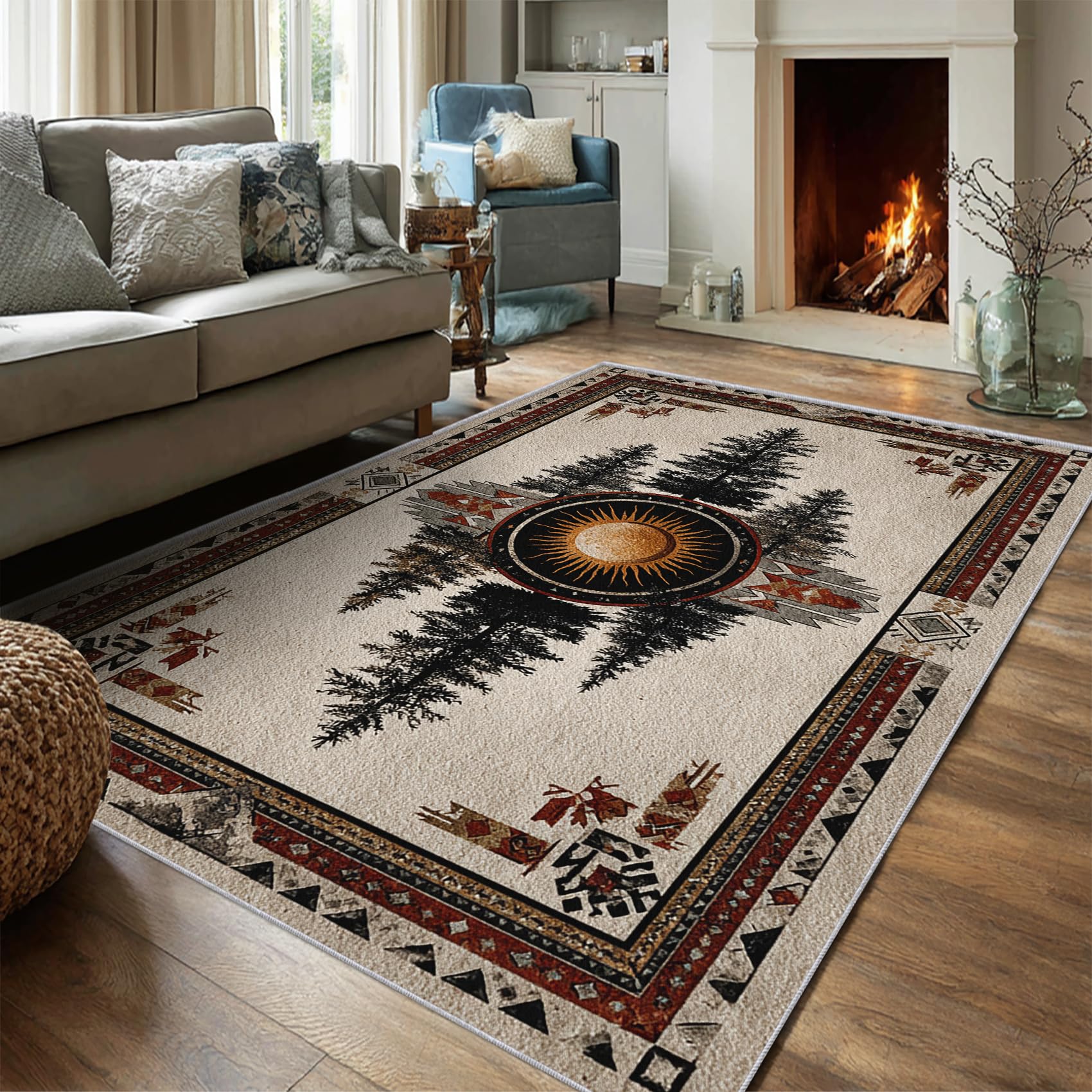 Rustikal Teppich 100 x 150 cm Wohnzimmer Mit Landhausstil Western Indianer Muster, Rustikal Bettvorleger Schlafzimmer Deko, Waschbar Teppiche Gegend Kurzflor rutschfest