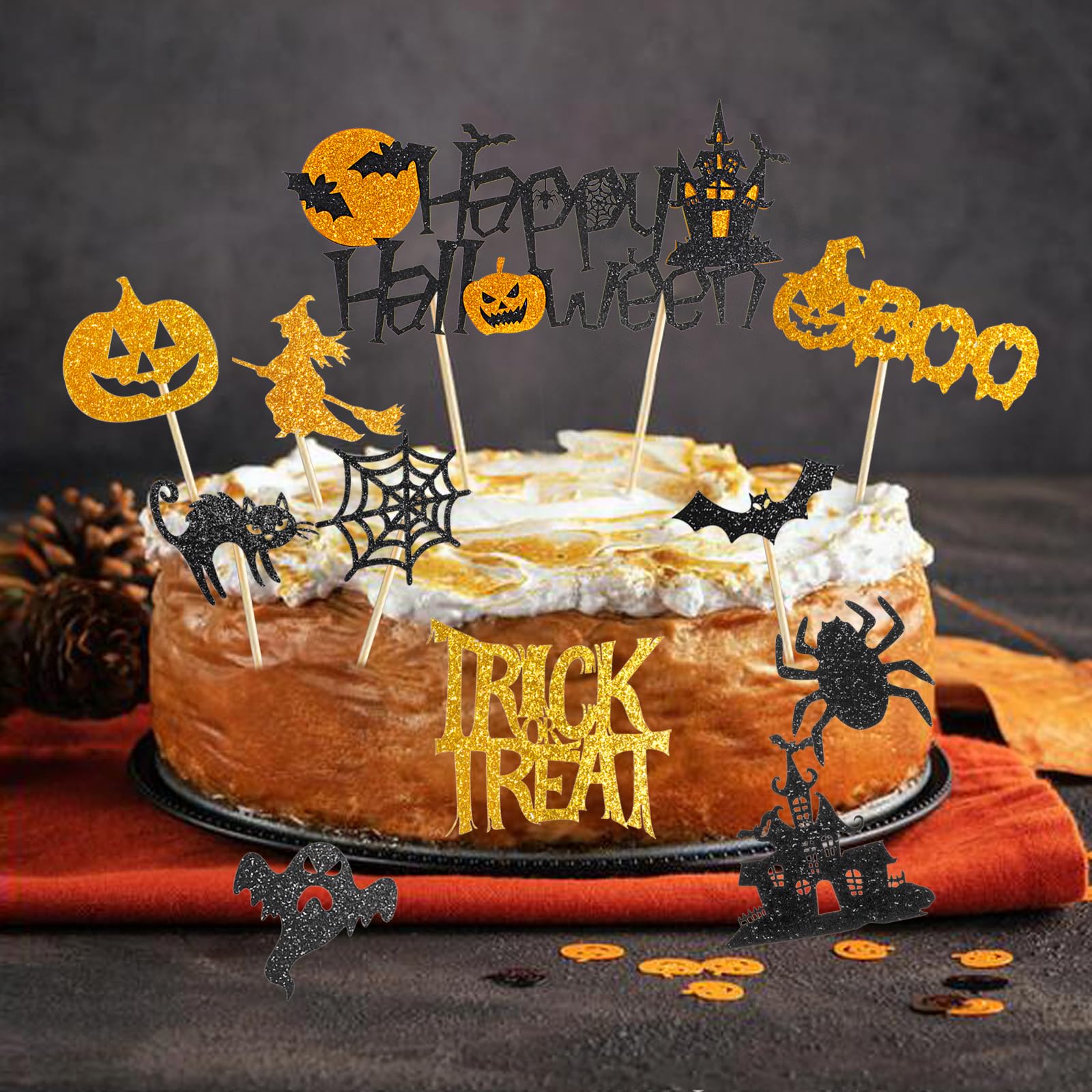 16 PCS Halloween Cake Topper Set - Spiders, Bats, Pumpkins & Tombstone Decorations For Party